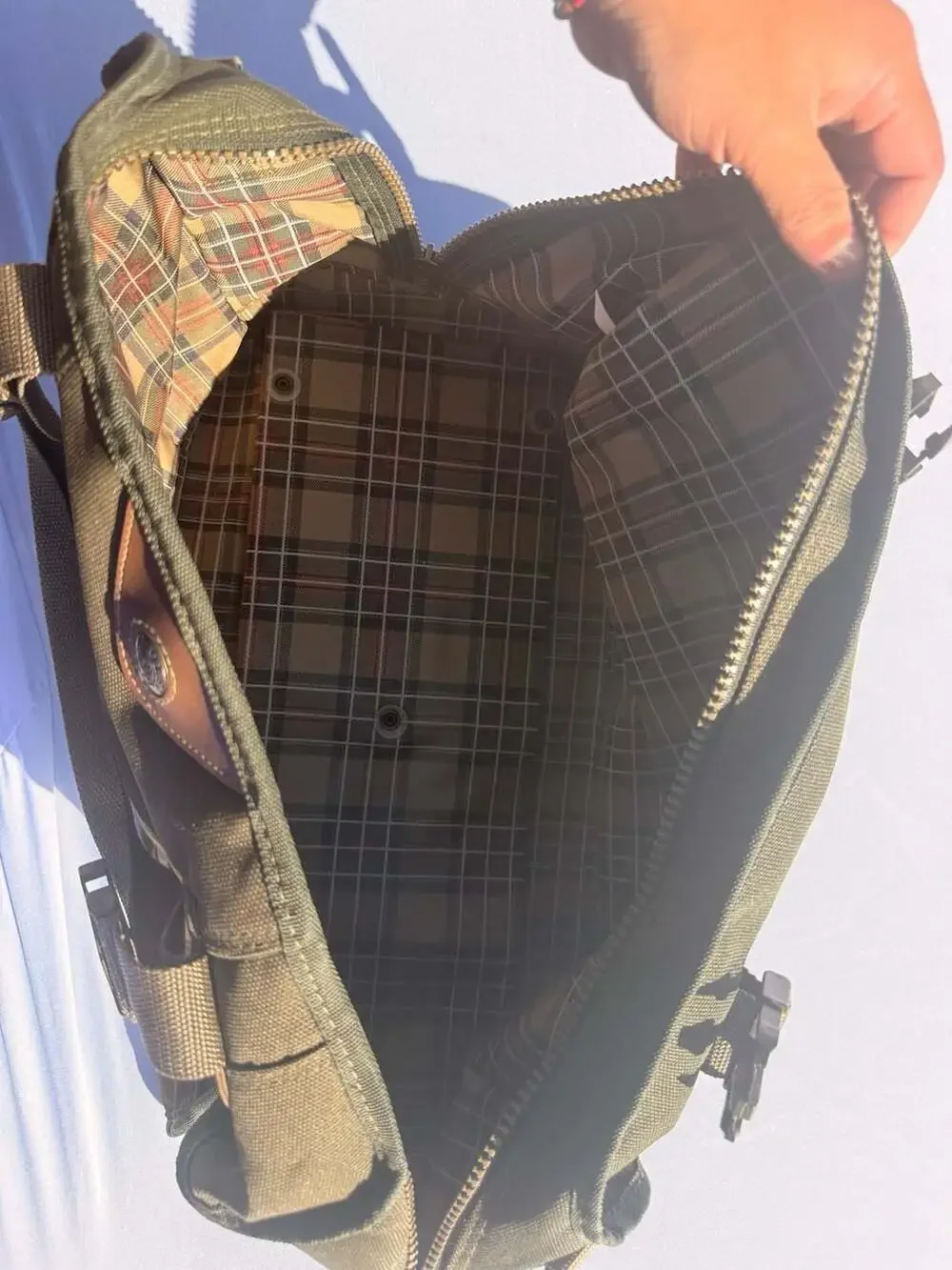 Adolfo Green Canvas Duffle Travel Bag with Plaid Lining and Leather Trim